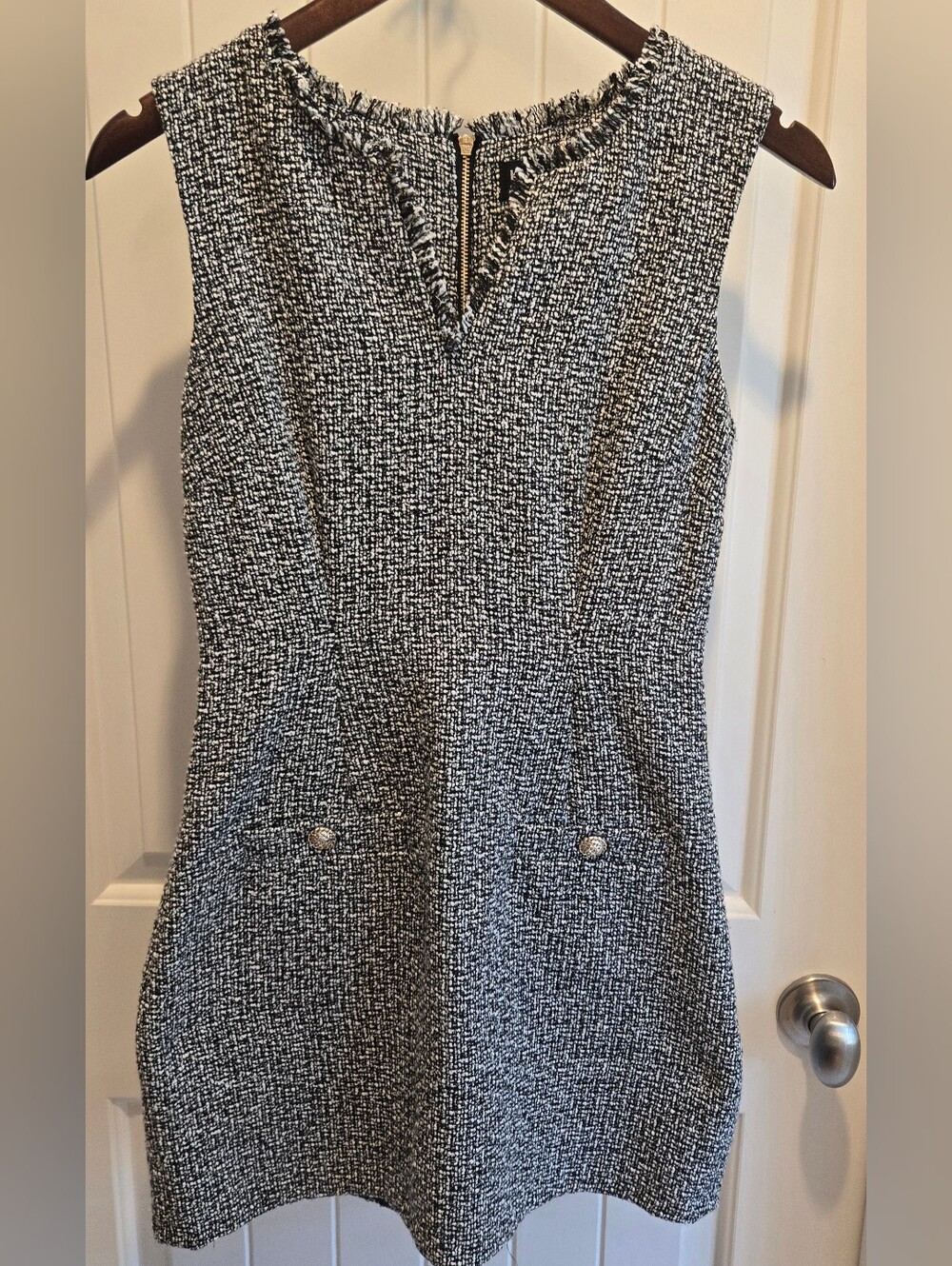 Karl Lagerfeld Black & White Tweed Shift Dress with Fringe Trim